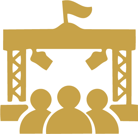 Golden logo depicting three people in front of a stage.