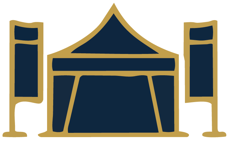 Logo of a tent and two flags. The flags are located either side of the tent.
