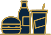 Icon depicting a burger with condiment bottle and drink.