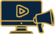 Logo of a computer or television monitor in addition to a megaphone.