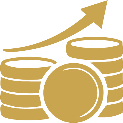 Logo featuring two stacks of coins with arrow pointing in up-right direction.
